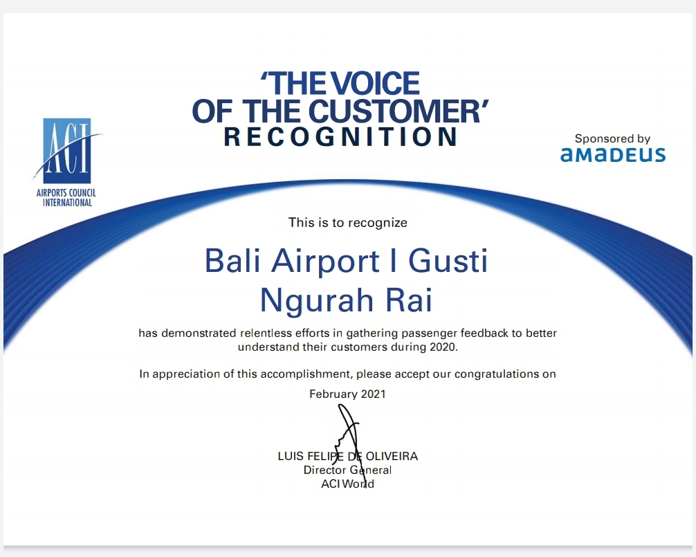 Di Tengah Pandemi Covid19, Bandara Ngurah Rai Masuk dalam 13 Bandara Raih The Voice of Customer Recognition dari ACI