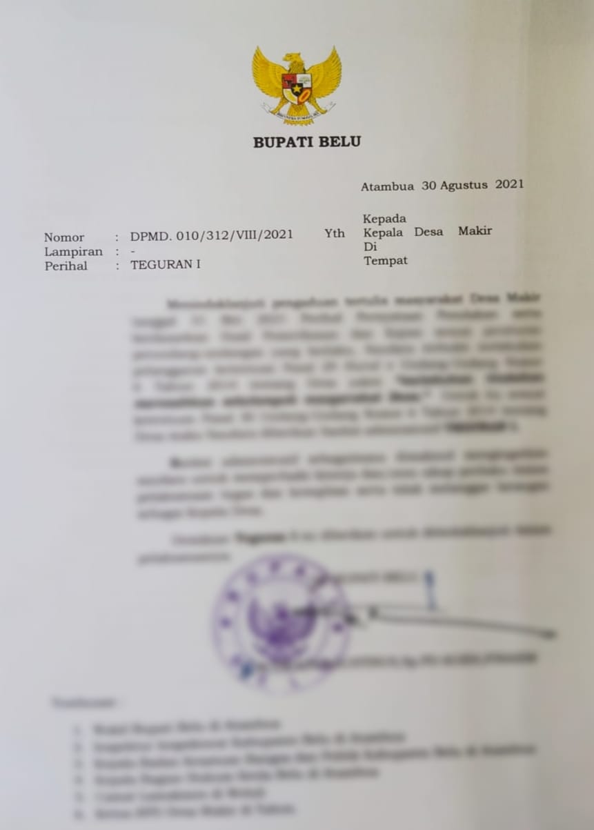 Bupati Belu Keluarkan Sanksi Terkait Kasus Kades Makir