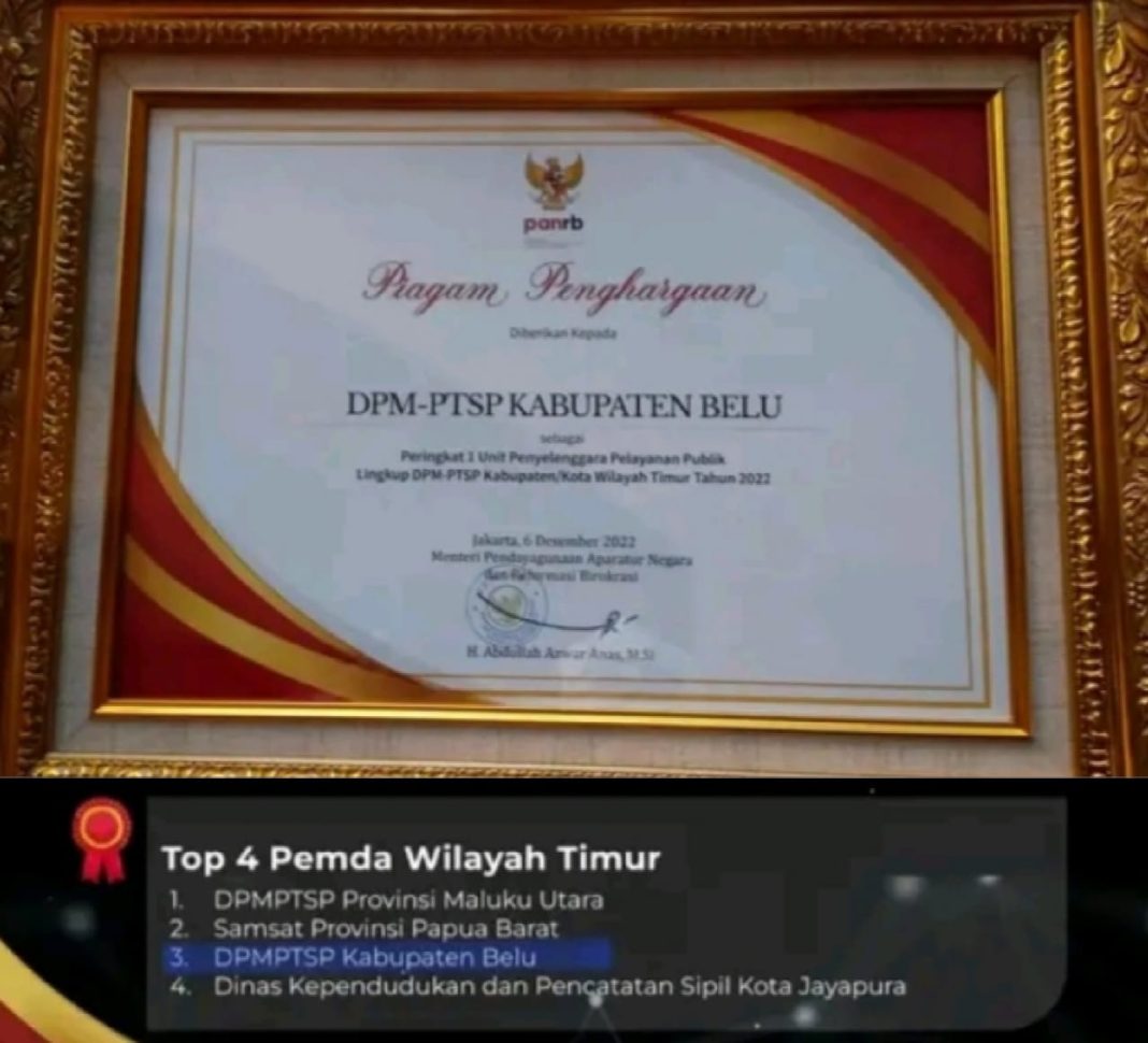 Pemkab Belu, Raih Penghargaan Pelayanan Publik Terbaik 2022