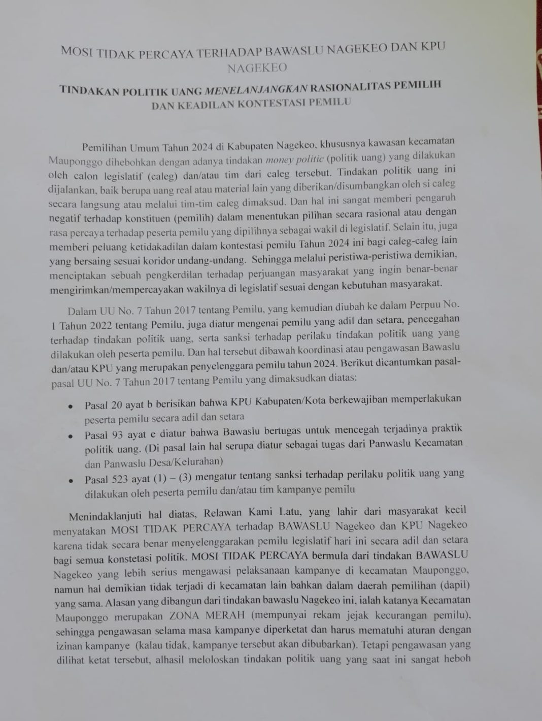 Banyak Transaksi Politik, Puluhan Anggota Relawan Kami Latu Kirim Surat Terbuka untuk KPU dan Bawaslu Nagekeo