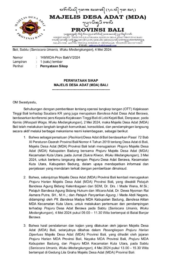 Terkait Kasus Bendesa Adat Berawa, Ini Pernyataan Sikap Majelis Desa Adat Bali