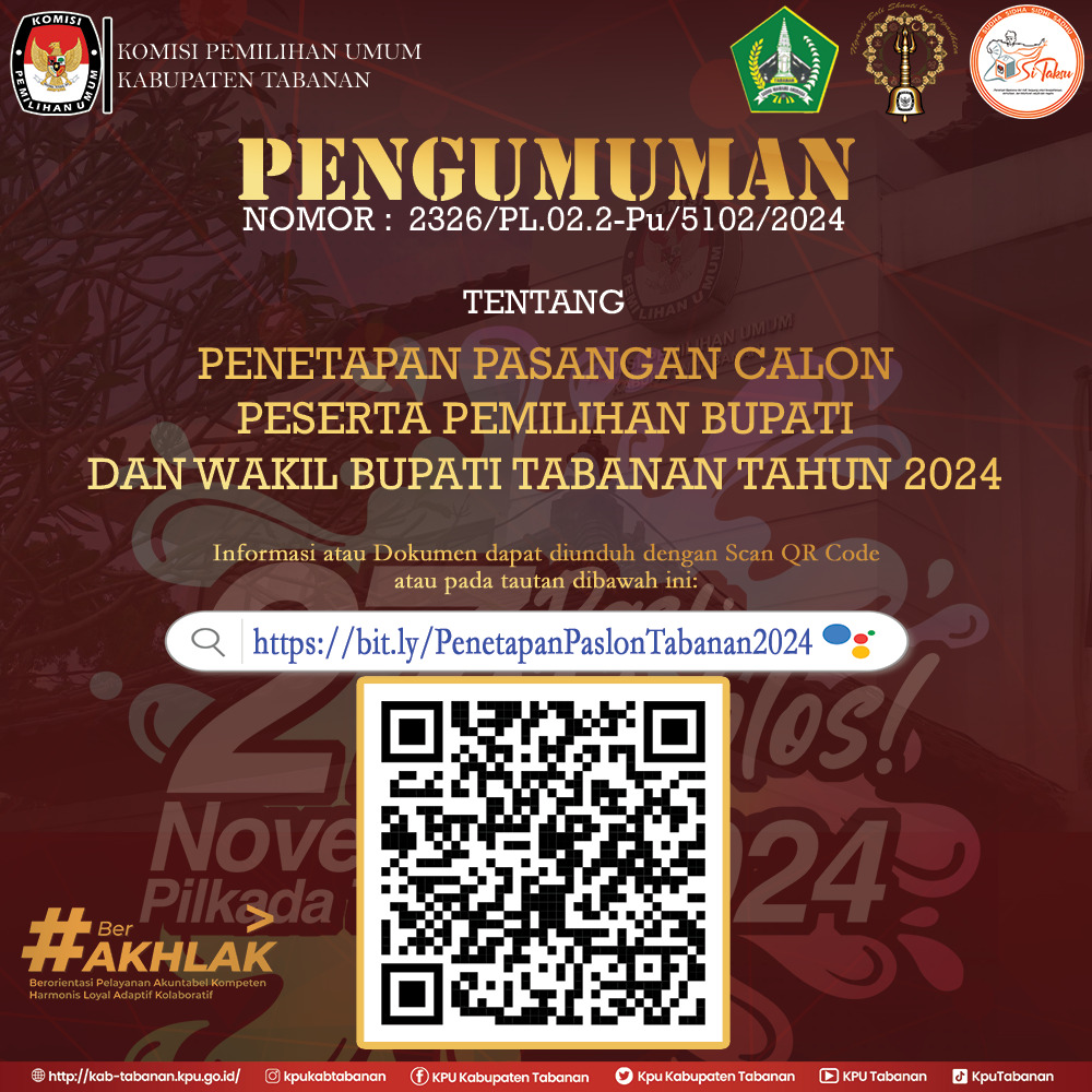 Pengumuman KPU Tabanan Tentang Penetapan Pasangan Calon Peserta Pemilihan Bupati dan Wakil Bupati Tabanan Tahun 2024