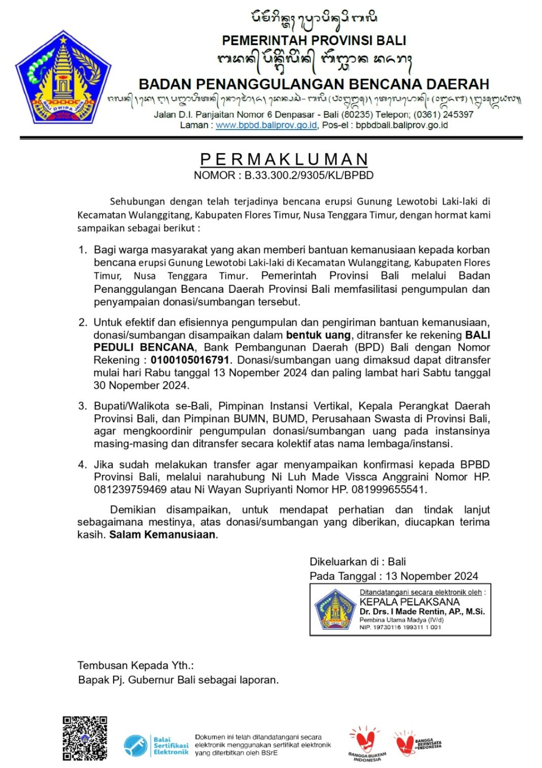 Pemprov Bali Buka Donasi untuk Korban Erupsi Gunung Lewotobi Laki-laki di NTT