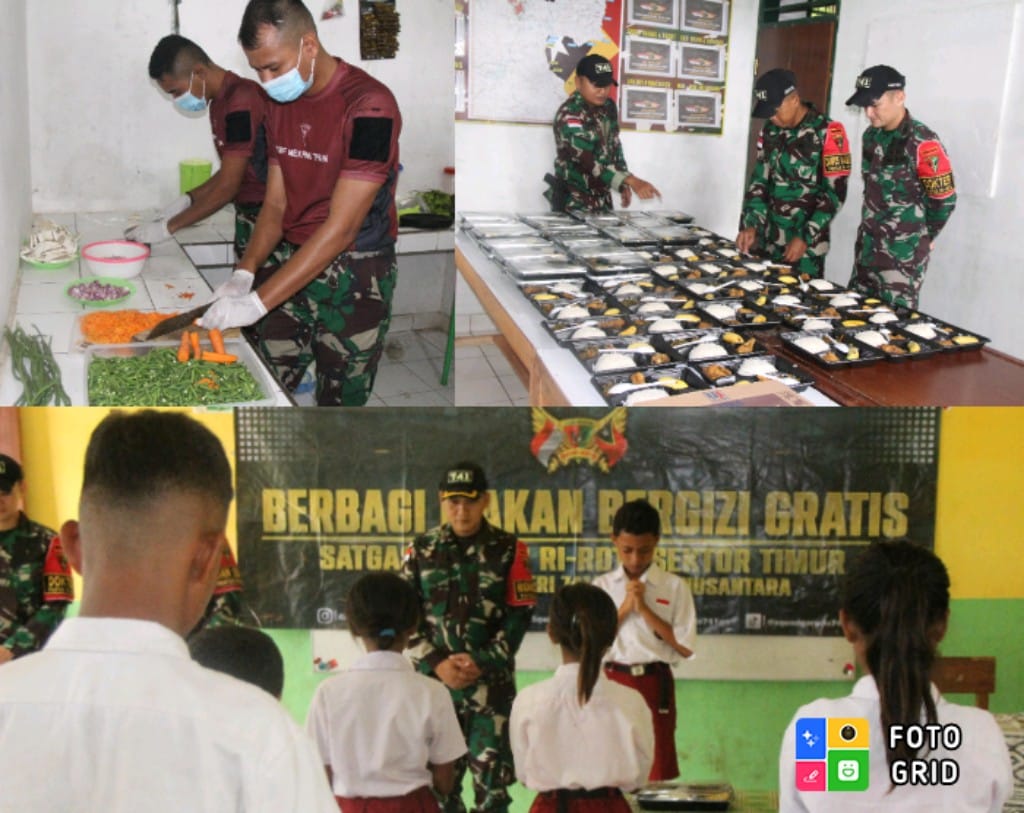 Satgas Yonif 741/GN Pos Maubusa Beri Makan Bergizi Gratis Bagi Anak SD di Perbatasan RI-RDTL
