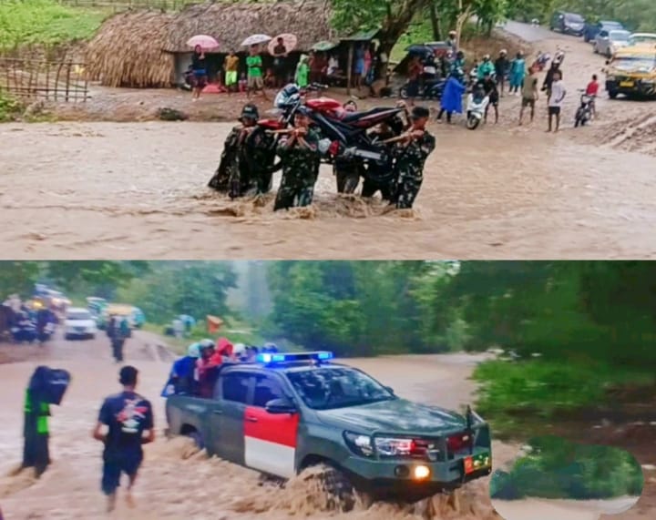 Satgas Yonif 741/GN Sigap Bantu Warga Seberangi Banjir di Welaus Malaka-NTT Yang Tak Kunjung Dibuat Jembatan Penghubung