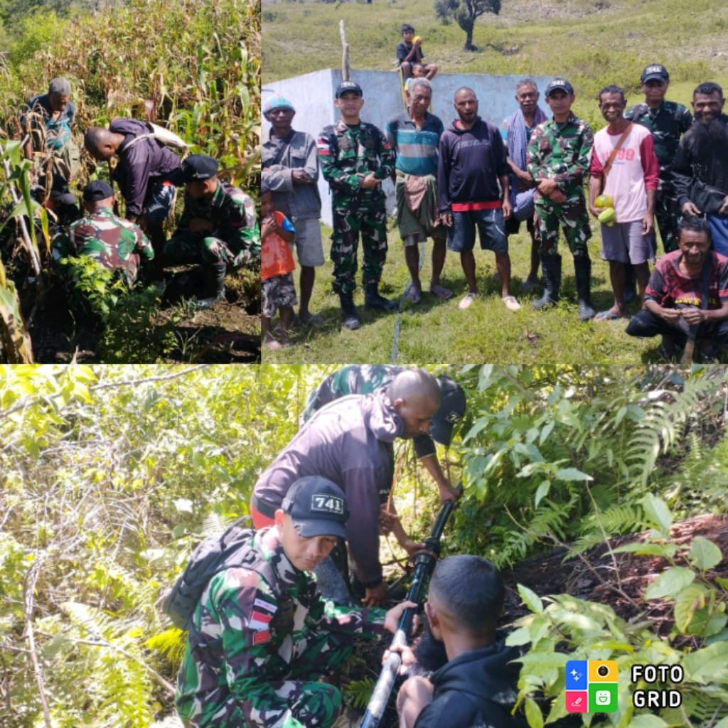 Sinergi Bersama Masyarakat, Satgas Yonif 741/GN Pos Fohululik Laksanakan Karya Bakti Perbaikan Pipa dan Pembersihan Sumber Mata Air