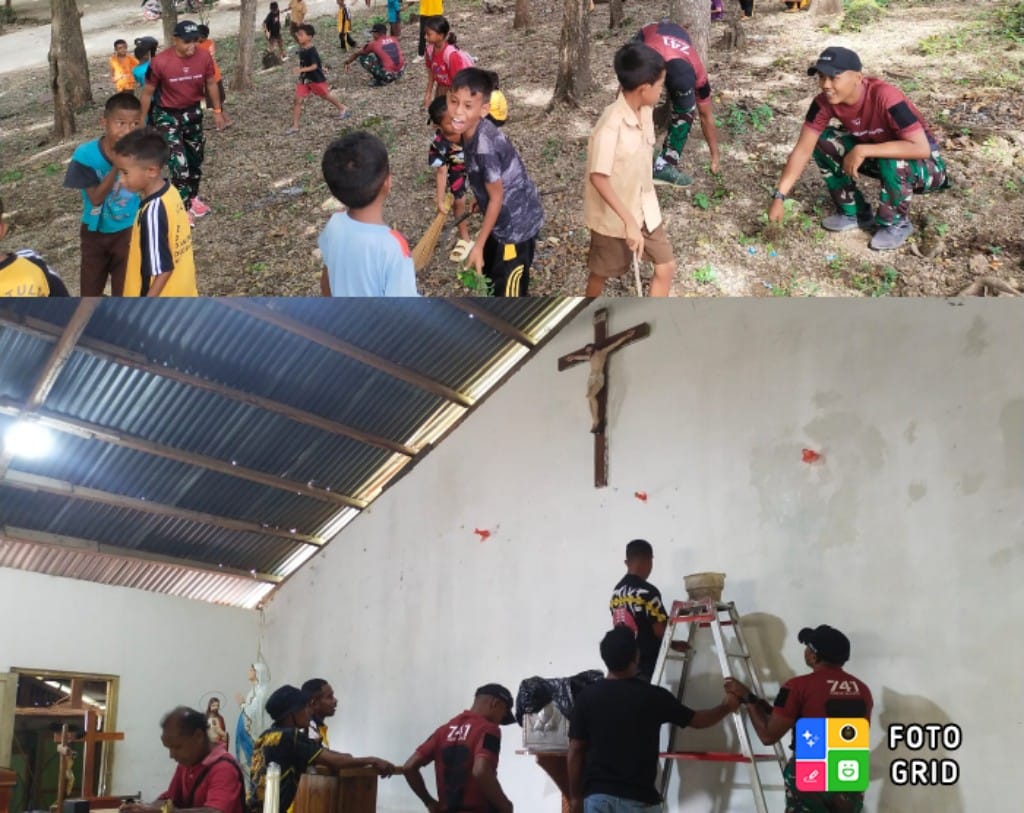 Songsong Perayaan Paskah, Satgas Yonif 741/GN Pos Asumanu Bersama Umat Kerja Bakti di Kapela