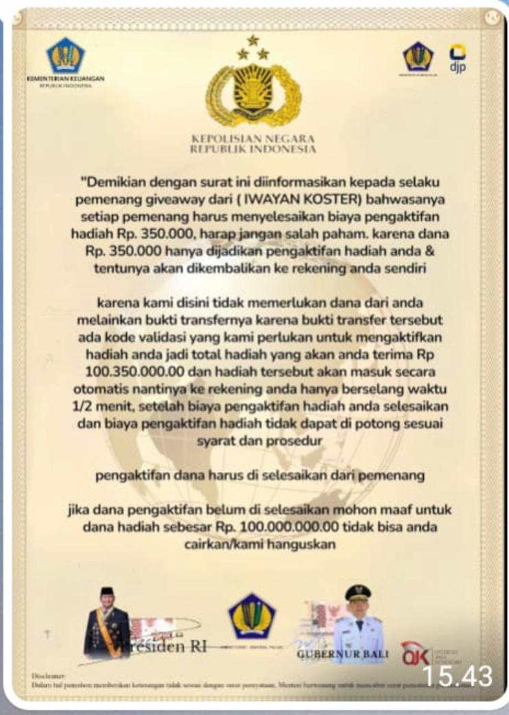 Pemprov Bali Imbau Warga Waspada Penipuan Giveaway Mengatasnamakan Gubernur Bali