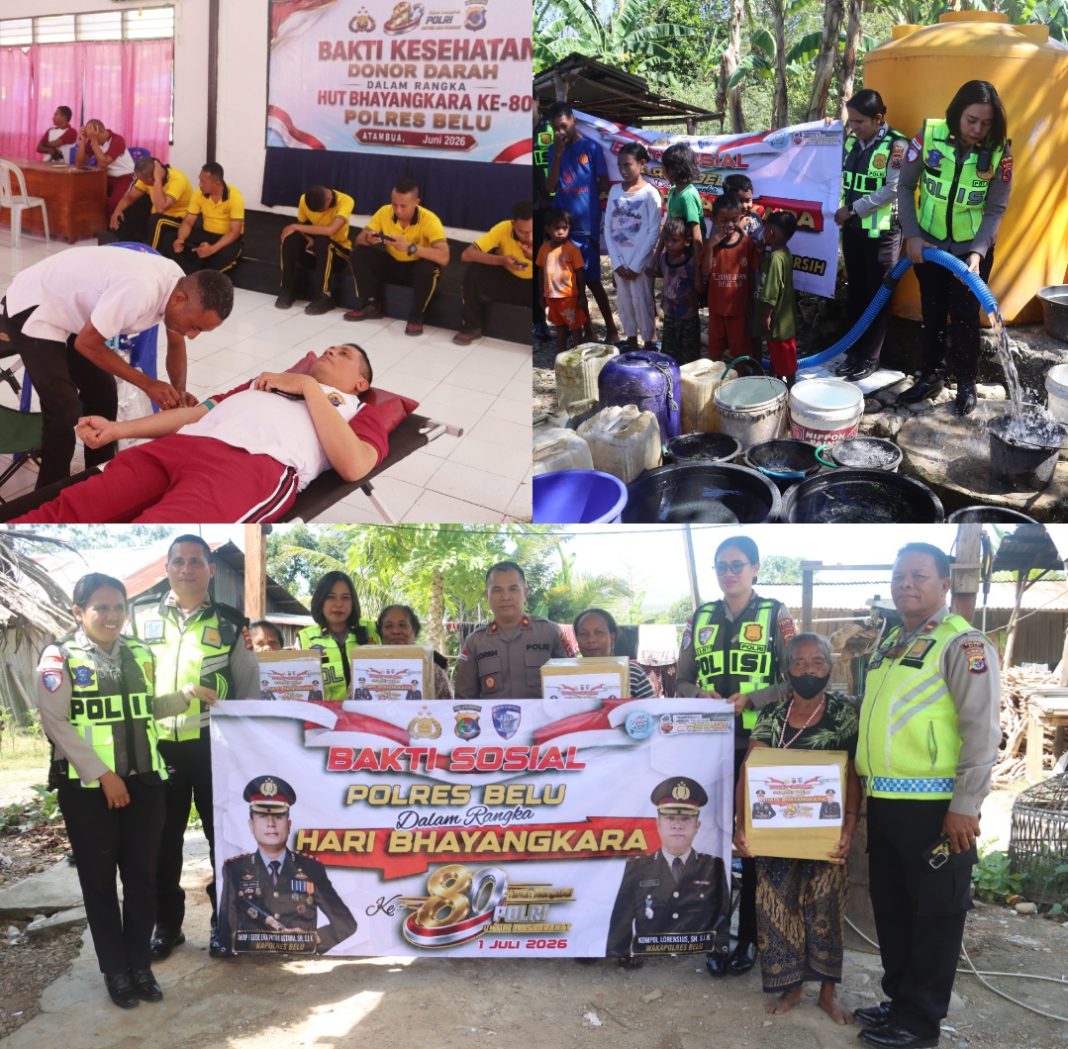 Sambut HUT Bhayangkara ke-80, Polres Belu Gelar Aksi Sosial Distribusi Air Bersih, Sembako, hingga Donor Darah