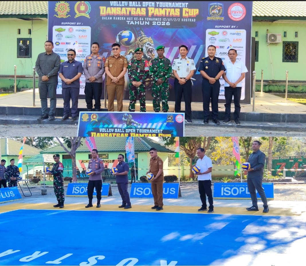 Sambut HUT ke-64 Yonarmed 12 Kostrad, Satgas Pamtas RI-RDTL Resmi Buka Turnamen Bola Voli Dansatgas Cup